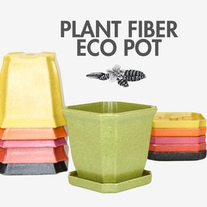 May include: A set of four plant fiber eco pots in various colors, including yellow, orange, pink, and gray. The pots are stacked on top of each other. The text "PLANT FIBER ECO POT" is displayed above the pots.