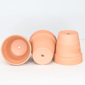 May include: Three terracotta flower pots, each with a drainage hole at the bottom. The pots are unglazed and have a natural, earthy color.