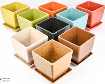 Plant Fiber Quadra Pot 3.5x3.5" w/ Saucer, for Orchids & Other Plants, Biodegradable Renewable/Sustainable Polymer Houseplant Accessories