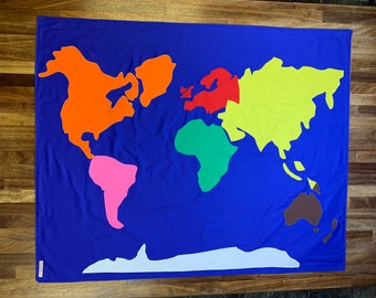 Montessori Continents of the World map, extra large, 100% cotton, embroidered