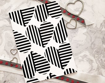 Monochrome Repeat Stripe Hand Drawn Heart Blank Greetings Card & Wall Art Gift