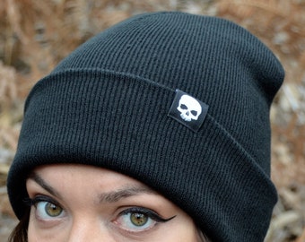 Skull Tag Black Beanie Hat | Alternative Gothic Emo Punk Grunge Rock Accessory Headwear Alt Cap Creepy Cute Hipster Soft Nu Goth Cozy