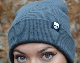 Skull Tag Dark Gray Beanie Hat | Alternative Gothic Emo Punk Grunge Rock Accessory Headwear Alt Cap Creepy Cute Hipster Soft Nu Goth Cozy