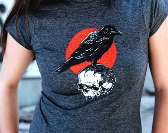 Skull & Crow T-shirt | Goth Alternative clothes Raven on a Skull Crow over skull Creepy Cute Death Folk Horror Nu Goth Strange Metalhead