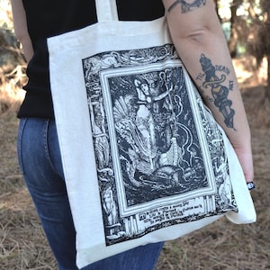 Snowy Lady Canvas Tote Bag | Witchy Fantasy Dark Light Academia Old Engraving Shoulder Bag Woodcut Book Artsy Gothic Mythology Whimsigoth
