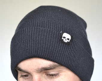 Skull Tag Navy Blue Beanie Hat | Alternative Gothic Emo Punk Grunge Rock Accessory Headwear Alt Cap Creepy Cute Hipster Soft Nu Goth Cozy