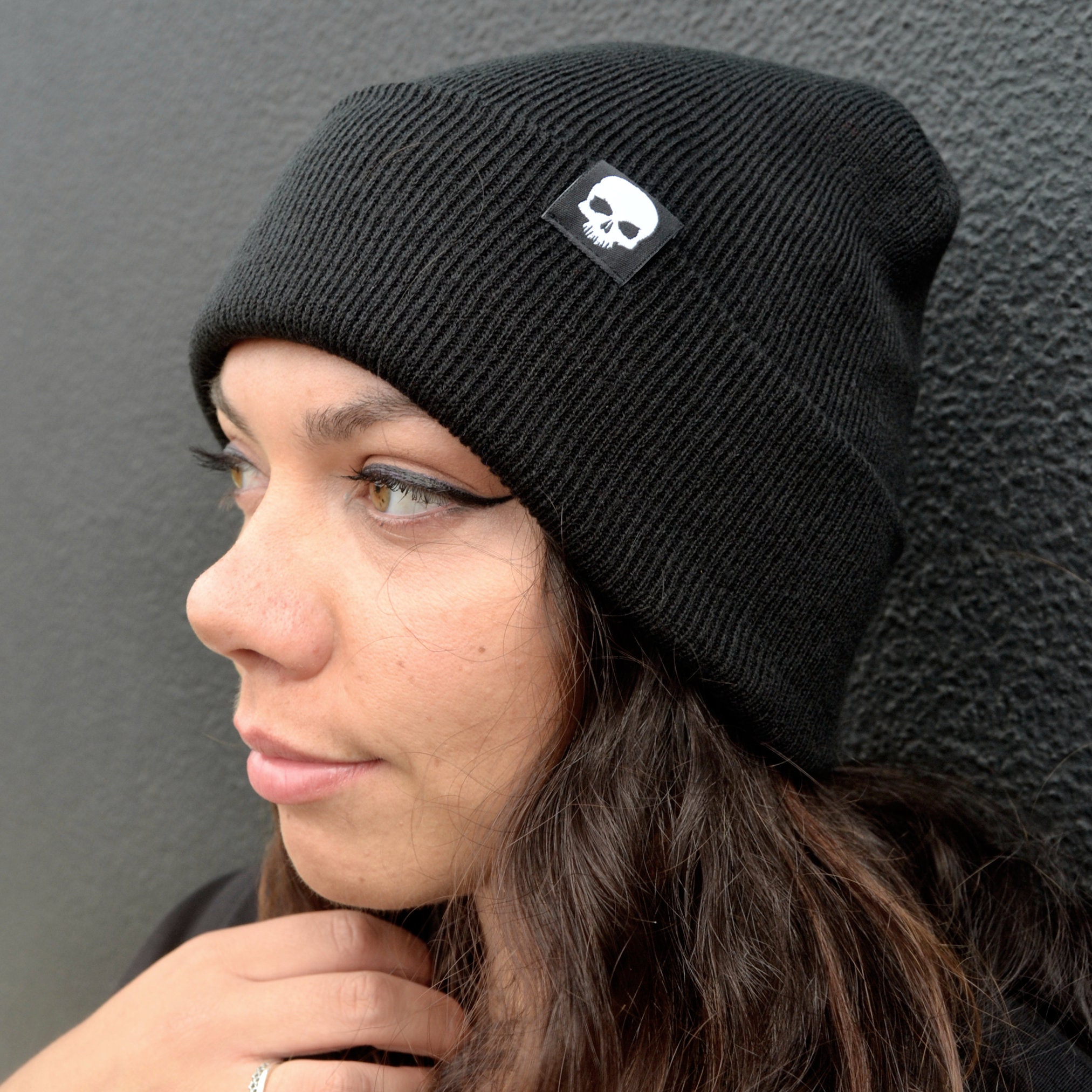 Skull Tag Black Beanie Hat | Alternative Gothic Emo Punk Skull Tag Black Beanie Hat | Alternative Gothic Emo Punk