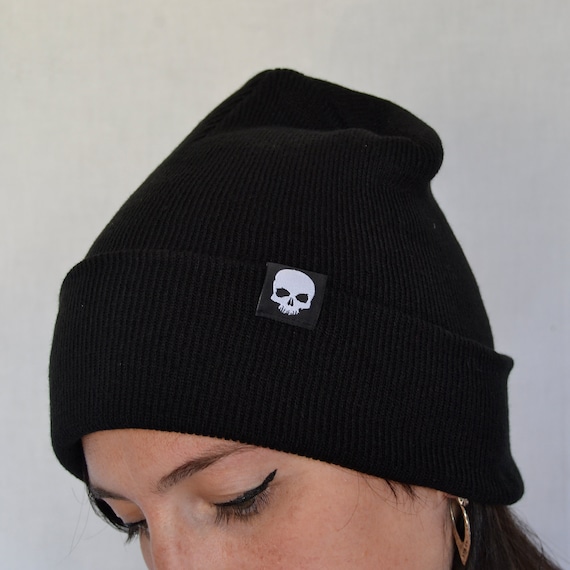 Skull Tag Black Beanie Hat | Alternative Gothic Emo Punk Skull Tag Black Beanie Hat | Alternative Gothic Emo Punk