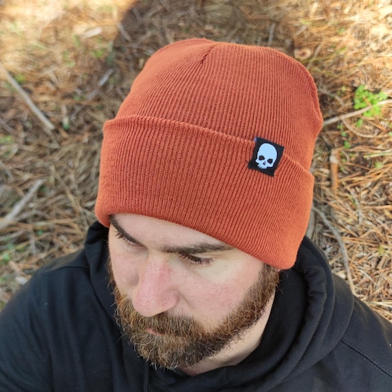 Orange Rust Skull Tag Beanie