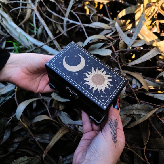 Celestial Sun and Moon Wooden Box | Witchy Tricket Storage