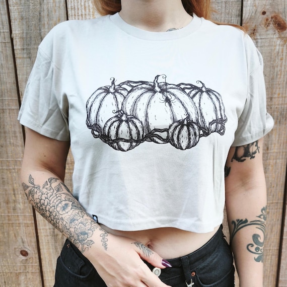 Pumpkin Patch with Spider Crop Top T-Shirt - Bone