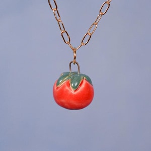 Handmade Ceramic Tomato Necklace – Dainty Fruit Pendant Jewelry – Gift for Gardener or Foodie
