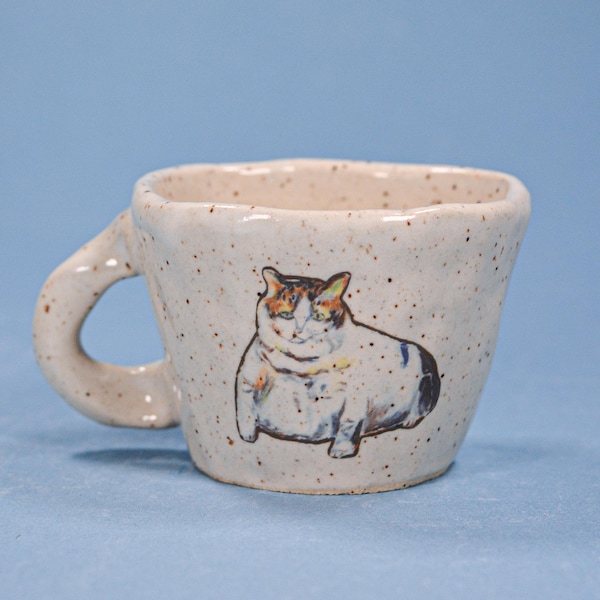 Adorable Handmade Espresso Cup with Chonky Cat Design - Perfect for Double Shot Espresso - Unique Stoneware. Perfect Mug for Cat Lovers.