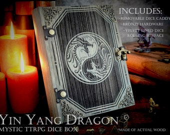 D&D Dice Box - "Yin Yang" Mystic Relief Engraved Dice Tome | DnD Dice Tray, Spell Book Box | Dungeons and Dragons | Pathfinder | Gift