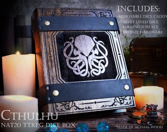 D&D Dice Box - "Cthulhu" Nat20 Engraved Dice Tome | DnD Dice Tray, Spell Book Box | Dungeons and Dragons | Pathfinder | Gift