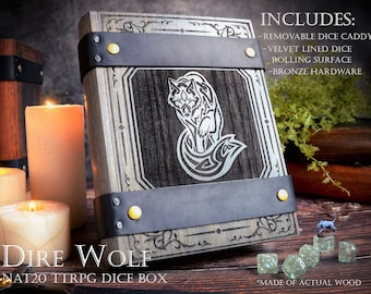 D&D Dice Box - "Dire Wolf" Nat20 Engraved Dice Tome | DnD Dice Tray, Spell Book Box | Dungeons and Dragons | Pathfinder | Gift