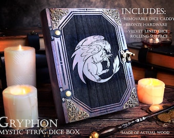 D&D Dice Box - "Gryphon" Mystic Engraved Dice Tome | DnD Dice Tray, Spell Book Box | Dungeons and Dragons | Pathfinder | Gift