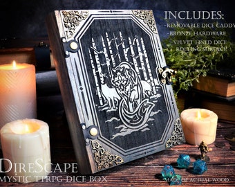 D&D Dice Box - "DireScape" Mystic Relief Engraved Dice Tome | DnD Dice Tray, Spell Book Box Gift | Dungeons and Dragons | Pathfinder | Gift