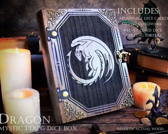 D&D Dice Box - "Dragon" Mystic Relief Engraved Dice Tome | DnD Dice Tray | Spell Book Box | Dungeons and Dragons | Pathfinder | Gift