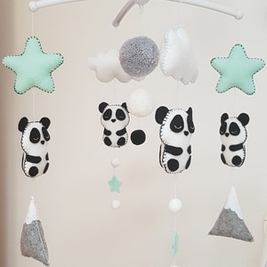 Mobile musical panda and wool felt cloud for baby room