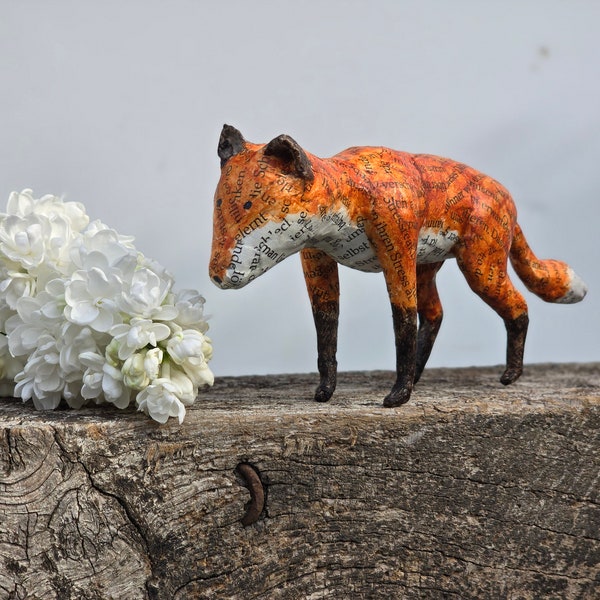 Handcrafted Paper Mache Red Fox Sculpture - Lifelike Wildlife Art for Home Decor, animal figurine