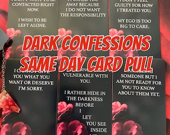 Puede incluir: Seis cartas negras con diseños florales rojos y texto blanco. Las cartas presentan frases como "No quiero ser contactado ahora." y "Deseo que me dejen en paz." Las cartas se titulan "Dark Confessions Same Day Card Pull."