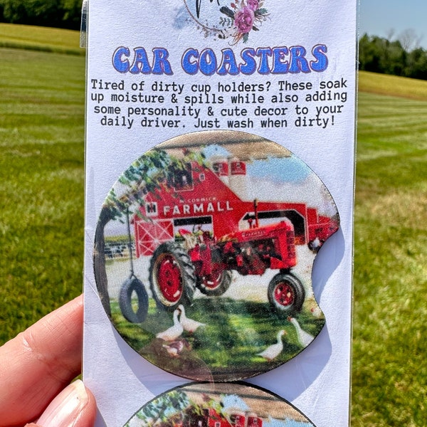 Farmall IH Neoprene Tractor Pair of Absorbent Car or Truck Coasters, Great gift idea for Farmer IH Lover International Harvester farmer