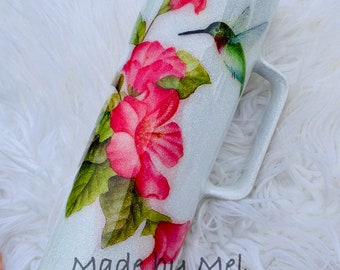 Hummingbird Skinny Glitter Epoxy Tumbler handle 20 30 oz. Hibiscus Handmade beautiful personalized gift Mom Grandma Grandmother Mother Nana