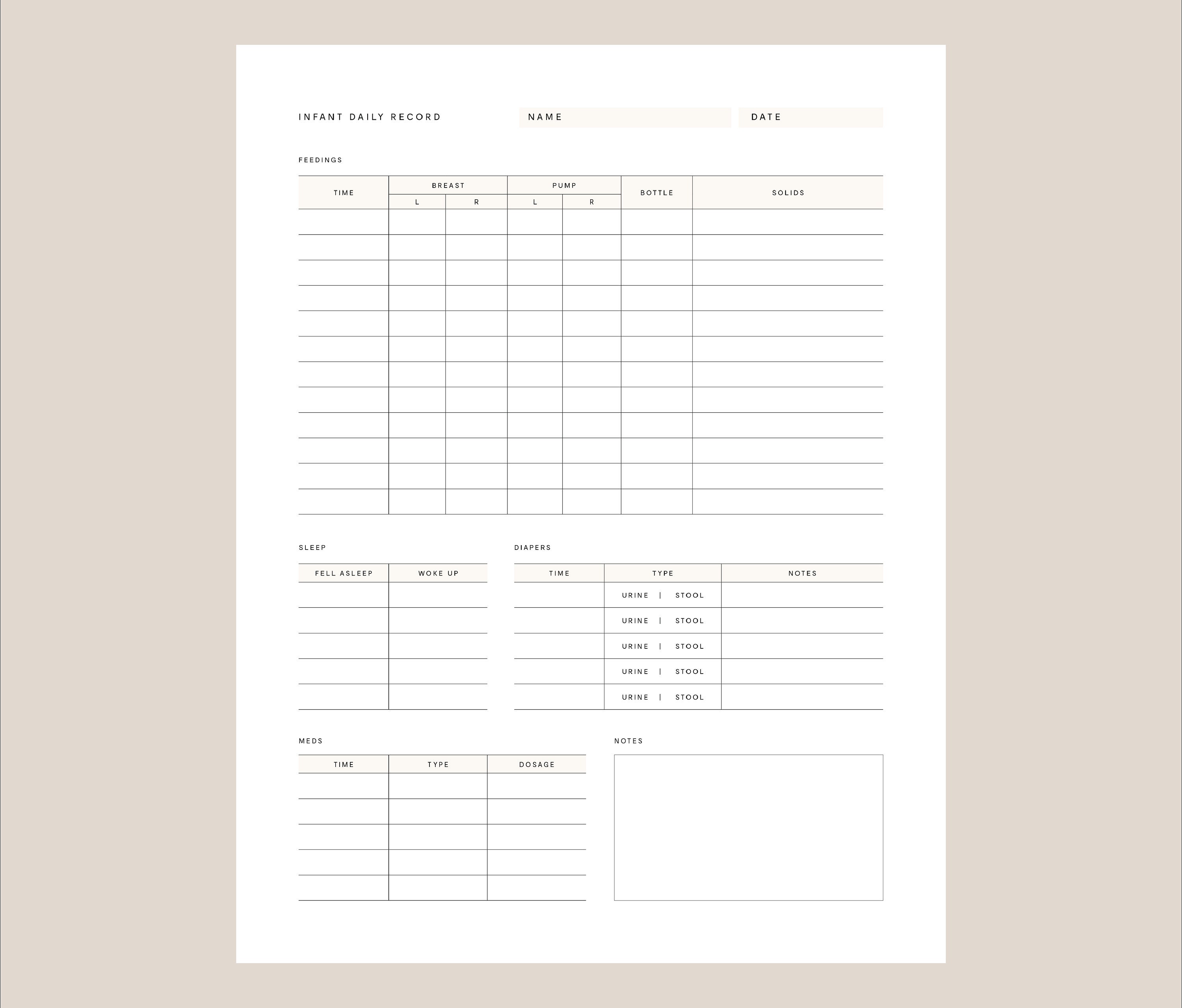 Infant Daily Log Newborn Feeding Chart Diaper Newborn Feeding Log
