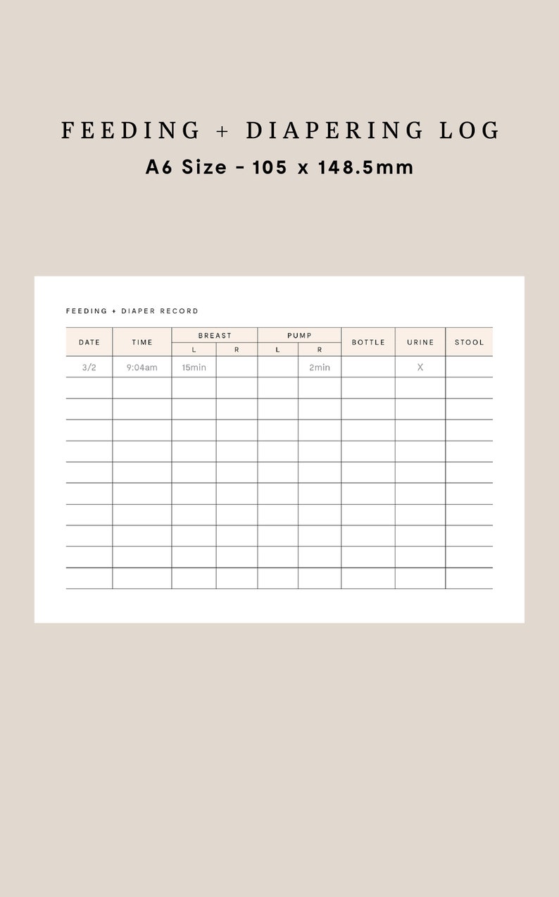 Newborn Feeding Diaper Log Digital Download A6 Diaper Feeding Log ...