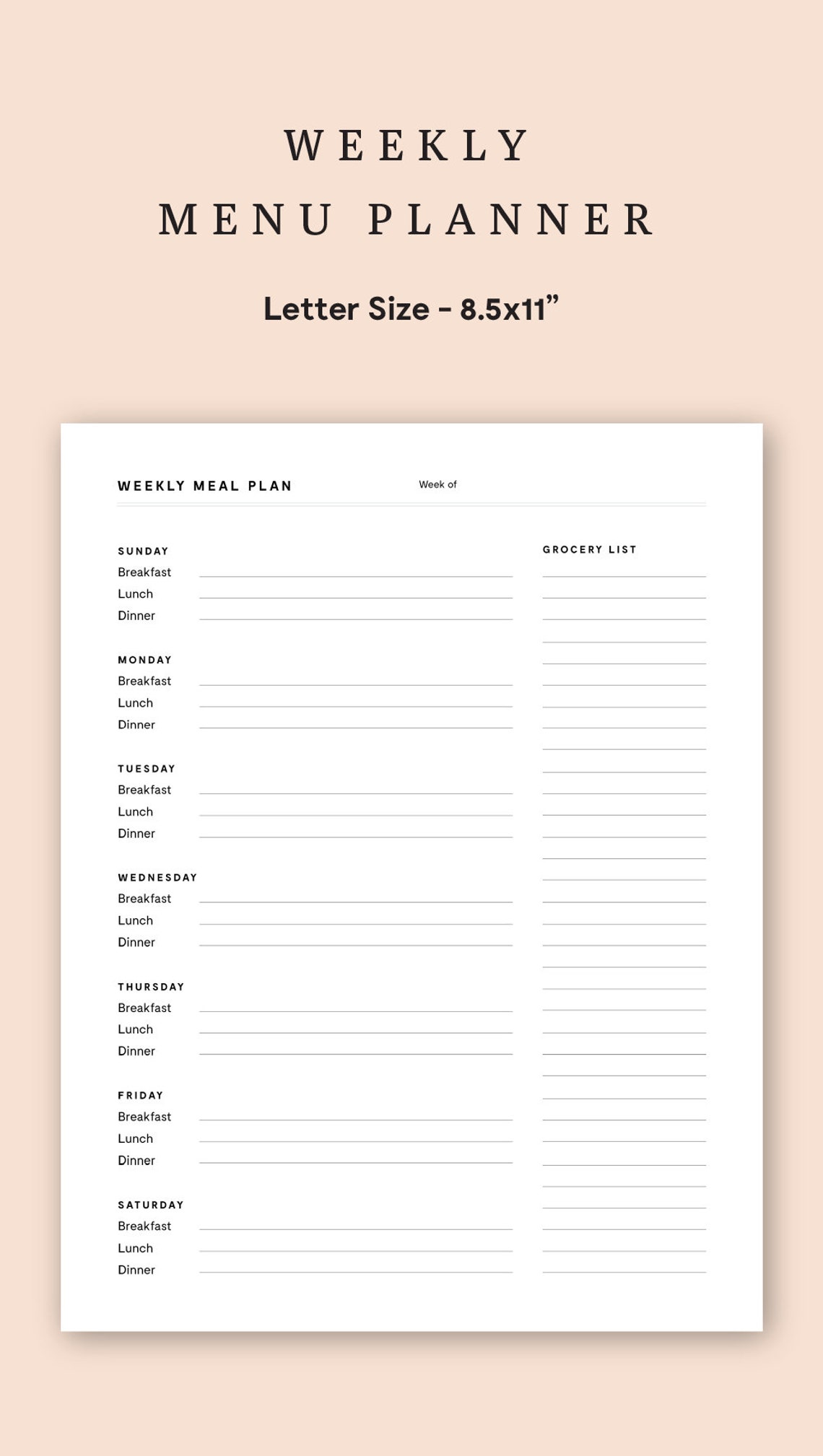 Weekly Menu Planner Printable Menu Plan Digital Download Meal Planning