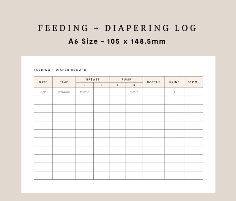 Newborn Feeding Diaper Log Digital Download A6 Diaper Feeding Log ...