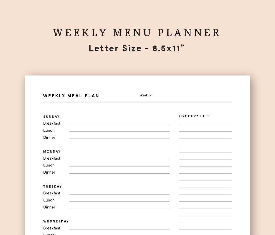 Weekly Menu Planner Printable Menu Plan Digital Download Meal Planning