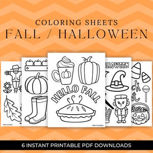 May include: Six black and white printable coloring pages featuring fall and Halloween themes. The pages include images of a scarecrow, pumpkins, boots, a coffee mug, a pie, a witch's hat, a monster, candy corn, and a jack-o-lantern.