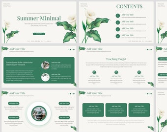 May include: A collection of presentation slides with a minimalist summer theme. The slides have a light background with green accents, floral illustrations, and text including "Summer Minimal" and "Contents". The design has a clean and modern aesthetic.