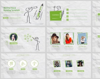 May include: A presentation template with a hand-drawn style. The template features a green and white color scheme with a crumpled paper background. The slides include icons, text boxes, and images. The text on the slides includes "Minimal Hand Drawing Template", "Contents", "Part One", and "Your Title Here".