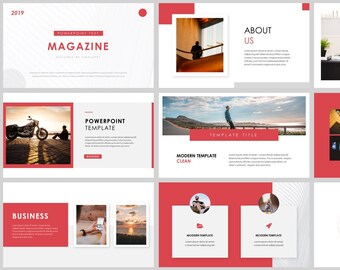 May include: A modern PowerPoint template design with a red and white color scheme. The template features images of a motorcycle, a person on a skateboard, a person holding a briefcase, and a person sitting on a stool. The text "2019", "Magazine", "About Us", "PowerPoint Template", "Modern Template Clean", and "Business" is included in the design.