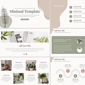 May include: A presentation template with a minimalist design featuring a green and brown leafy branch, a light brown abstract shape, and the text "Minimal Template". The template includes several slides with different layouts and design elements, including text boxes, images, and icons.