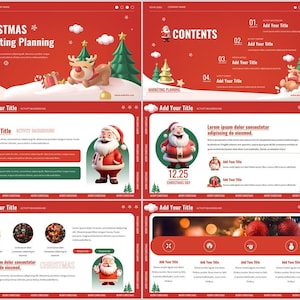 May include: A Christmas marketing planning presentation template with a red background and white snow. The template features illustrations of Santa Claus, a reindeer, and Christmas trees. The text "Christmas Marketing Planning" is at the top of the slide. The text "Contents" is at the top of the second slide. The text "Part 01. Add Your Title" is at the top of the third slide. The text "Part 02. Add Your Title" is at the top of the fourth slide.