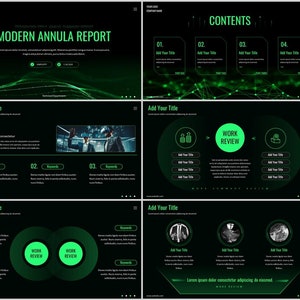 May include: A dark green and black presentation template with a modern design. The template features a green and black color scheme with a futuristic, digital theme. The text "MODERN ANNULA REPORT" is displayed at the top of the slide. The template includes a variety of slides with different layouts and content, such as a contents slide, a work review slide, and a work completion slide.