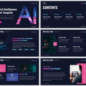 Puede incluir: Una plantilla de presentación para productos de inteligencia artificial. La plantilla presenta un fondo azul oscuro con acentos rosas y azules. La palabra "AI" se muestra en una fuente futurista con un efecto de neón. La plantilla incluye una tabla de contenido, una sección para información de la empresa y el proyecto, y una sección para la planificación empresarial.