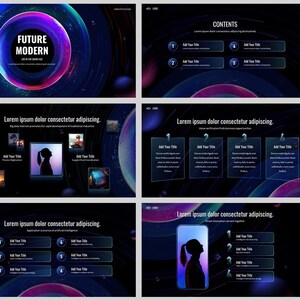 May include: A presentation slide deck with a futuristic theme. The slides feature a dark blue background with glowing purple and blue circles and lines. The text on the slides includes "Future Modern", "Contents", "Future - Title Here", and "Lorem ipsum dolor consectetur adipiscing."
