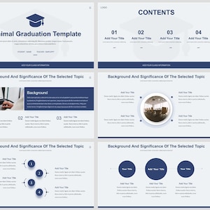 Può includere: Un modello di presentazione di laurea minimalista con uno schema di colori blu e bianco. Il modello include una diapositiva del titolo, una diapositiva dei contenuti e diverse diapositive per il contesto e l'importanza dell'argomento scelto, il metodo di ricerca e il processo. Il modello presenta un'icona di cappello di laurea.