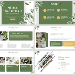 Puede incluir: Una plantilla de presentación minimalista con un esquema de color verde y blanco. La plantilla presenta un diseño floral con hojas verdes y flores blancas. El texto en las diapositivas incluye "Plantilla limpia minimalista", "Contenido", "Agregar su título", "Análisis de la enseñanza", "Nueva característica web en el mercado" y "Parte 02".