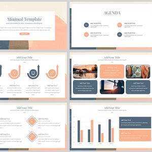 Puede incluir: Una plantilla de presentación con un diseño minimalista. La plantilla presenta un fondo beige claro con acentos de melocotón y azul. Las diapositivas incluyen cuadros de texto, iconos y gráficos. El texto en las diapositivas dice "Plantilla mínima", "Agenda", "Título de la plantilla" y "Agregar su título".