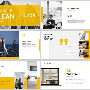 May include: A presentation template with a modern clean design. The template features a yellow and white color scheme with a variety of images and text. The text includes the words "Magazine Clean 2020", "Modern Clean Template", and "Business".