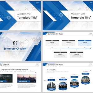 Könnte beinhalten: Eine blaue und weiße Präsentationsvorlage mit dem Titel "Modern V01 Template Title". Die Vorlage enthält eine Vielzahl von Folien mit verschiedenen Layouts und Grafiken, darunter eine Bergkette, eine Stadtlandschaft und eine Zeitleiste. Die Vorlage ist für Geschäftspräsentationen konzipiert.