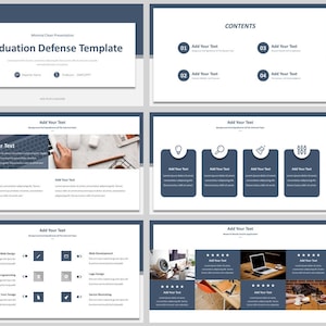 Op de afbeelding: Een presentatie sjabloon voor een afstudeerpresentatie met een blauw en wit kleurenschema. Het sjabloon bevat een titeldia, een inhoudsdia en verschillende dia's met verschillende lay-outs voor het presenteren van informatie. Het sjabloon bevat ook een dia met een laptop en een hand die naar het scherm wijst.