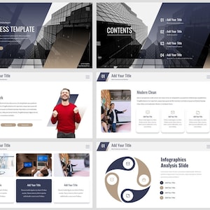 Peut inclure: Un modèle de présentation d'entreprise au design moderne. Le modèle présente un schéma de couleurs bleu foncé et gris avec un arrière-plan de ville. Les diapositives comprennent des titres, des puces et des infographies.