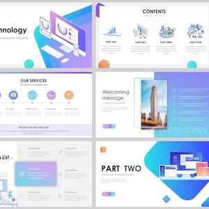 Puede incluir: Una plantilla de presentación con un fondo degradado azul y morado. La plantilla presenta una variedad de iconos e ilustraciones relacionadas con la tecnología, los negocios y el marketing. El texto "Tecnología" se muestra en una fuente grande en la parte superior de la diapositiva. El texto "Nuestros servicios" se muestra en una fuente más pequeña debajo de los iconos. El texto "Mensaje de bienvenida" se muestra en una fuente grande en la parte superior de la diapositiva. El texto "Trabajo empresarial" se muestra en una fuente grande en la parte superior de la diapositiva. El texto "Infografía empresarial" se muestra en una fuente grande en la parte superior de la diapositiva. El texto "Parte uno" se muestra en una fuente grande en la parte superior de la diapositiva. El texto "Parte dos" se muestra en una fuente grande en la parte superior de la diapositiva.